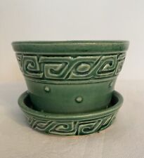 Vintage McCoy Greek Key Green Pottery Flower Pot Planter w/Attached Saucer USA picture