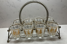 Vintage MCM Aldon 8 Shot Glasses, Metal Carrier Caddy Barware  Greek Key Design picture