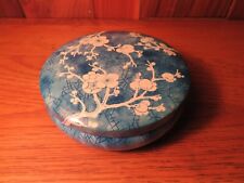 VINT 1970'S CHARMING BLUE ROUND COVERED TIN BOX - DAHER WARE - CHERRY BLOSSOMS picture
