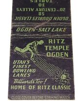 Vtg Matchbook Cover Ritz Temple Ogden Utah Bowling Billiards History picture