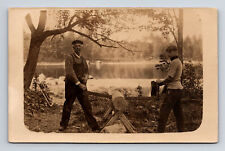 RPPC Two Man Saw Lake Cabin Building Construction? Gran Hiram Carrie Postcard picture