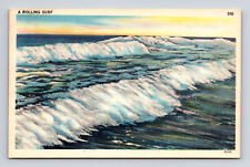 c1961 Linen Postcard Rolling Surf Ocean Beach picture
