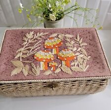 VTG Woven Crewel Mushrooms Sewing Basket  Lid Scissors & Pin Cushion Craft Japan picture