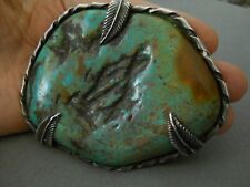 HEAVY Native American BlueGreen Turquoise Rough Sterling Silver Belt Buckle 4x3