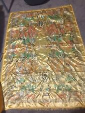Vtg CHINESE  SATIN Embroidered Fringe Tablecloth, Approx 66inx49in picture