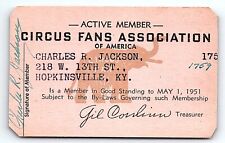 1951 CIRCUS FANS ASSOCIATION OF AMERICA CHARLES R JACKSON HOPKINSVILLE KY P5016 picture