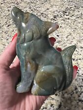 Moss Agate Howling Wolf Crystal Animal Carving 14.9 Oz 4 Inch  picture