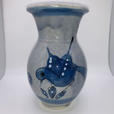 Vintage Tonala Mexico Blue Pottery Vase Bird Butterflys Floral Folk Art 6.25