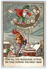 1908 New Year Elf Gnome Crescent Escaped Sacks Of Coins Embossed Posted Postcard picture