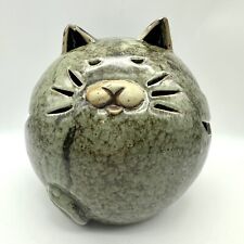 VTG. GREEN CAT SPHERE POTTERY SCULPTURE  APX. 9” W × 8” TALL picture