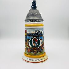 German Ceramic Beer Stein with Lithopane Locomotive Train Finial Lid picture