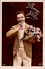 RPPC Man With Bouquet PastelTint Gel Card Mustache Vest Studio P.U. 1912 (N-133) picture