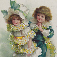 Clapsaddle Pretty Girl Boy Daisy Flower Chain Birthday PC A/S Emb Wolf Vtg c1910 picture