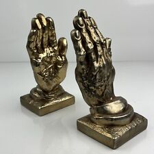 Beautiful Vintage Praise Praying Hands Bookends MCM Metal Gold Spelter picture