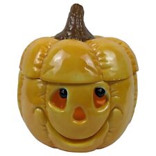 Vintage 80s Ceramic Light Up Pumpkin Jack O Lantern Halloween Orange w/ Lid picture
