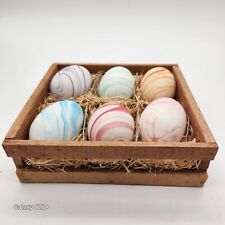 Vintage Marbleized Polymer  Easter Egg Set 6 Wooden Box Straw Swirled 6