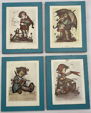 Vintage Hummel Wood Wall Plaques Wooden Lot Of 4 Blue Border  Each 3.5 X 4.5” picture