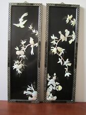 2 X Vintage Chinese Black Lacquer Mother of Pearl Wall Panels Art Geisha Large picture