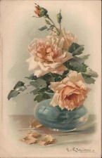 C. Klein Pink Flowers in Blue Vase Postcard Vintage Post Card picture