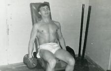 Shirtless Handsome young man at gym bulge beach trunks gay int vtg photo picture