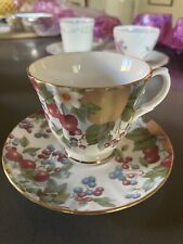 Duchess Tea Cup & Saucer, England, Fine Bone China, Berries Flowers Gold Trim picture