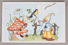 Vintage  Postcard beautiful mushroom toadstool spider gnome dwarf and bird picture