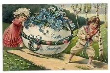 Easter Postcard Fantasy Children Pull Huge Egg Forget- Me-Nots Roses Glitter udb picture