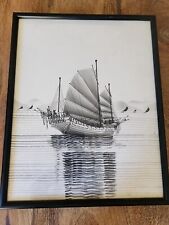 RARE 60-70s Asian Chinese Framed Wall Art Pen & Ink On Fabric Boat Drawing  picture