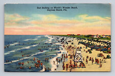 Surf Bathing World's Wonder Beach Daytona FL Linen Postcard picture