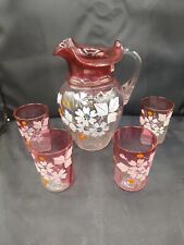 Antique Cranberry Hand Painted Pitcher And Tumblers Set picture