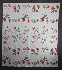 Vintage 50s Tablecloth 53x46 Cherries Cherry Blossom Farmhouse Country Red White picture