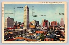 Minneapolis MN Skyline Key to Buildings Foshay & Rand Towers Vtg Postcard 1940s picture