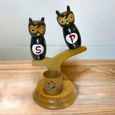 Rare Vintage Wooden Owls on Tree Branch Salt & Pepper Shakers & Toothpick Holder picture