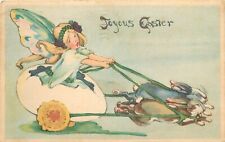 c1918 Easter Postcard Fairy in Egg Cart Pulled by Running Rabbits, National Art picture