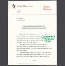 Vintage Disney Press Release 1987 Announcing the creation of EURO DISNEYLAND picture
