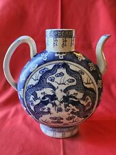 Vintage Chinese Drangons Blue & White Large Teapot 10.5