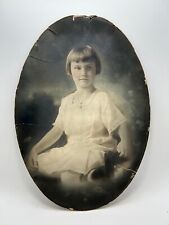 Vintage Large Monochrome Black & White Young Girl Photo Portrait - Oval 1914 ? picture