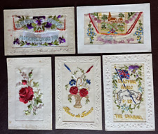 Lot of 5 Silk Embroidered Vintage Antique Greetings Postcards WW 1 Era, 1 Tucks picture
