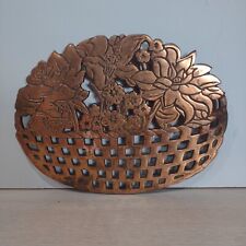 Old Dutch Design Copper-Iron Trivet  Flower Basket 1983 Kitchen Wall Plaque VTG picture
