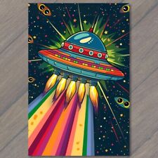 POSTCARD Alien Spaceship UFO Rainbow Smoke Cartoon Style Colorful Stars Moon picture