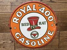 Vintage Red Hat Gasoline Porcelain  Sign 12” picture