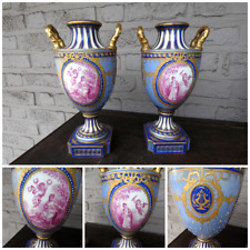 Pair french antique porcelain hand paint putti landscape vases sevres style picture