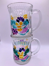 Malaysia KIG Set of 2 Ribbed Glass Handle Mugs Stained Glass look Floral Vintage picture