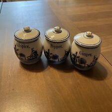 Antique 3 Spice Jars & Lids Allspice Pepper Ginger Germany Ceramic Blue Vintage picture