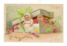 1908 Int'l Art Valentine Postcard Babies In a Box of Roses Embossed picture
