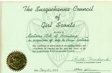 1962 Vintage Signed Certificate Girl Scouts Susquehanna PA Council Camp Sertoma picture