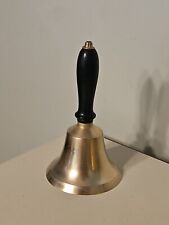 Antique Polished Brass School Teacher Bell Fire Dinner Country W/ Wood Handle picture