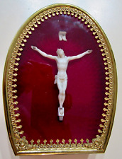 Antique Art Deco Ornate Brass Red Velvet Christ Crucifix Glass Domed Shadowbox picture