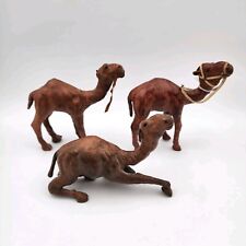 Vintage Leather Wrapped Camels Figures Glass Eyes Mid-Century Handmade in India picture