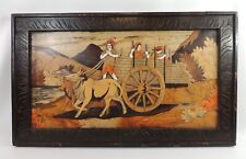 Vintage Various Wood Marquetry Inlay Indian Oxen Cart Hauling Farmers & Harvest picture